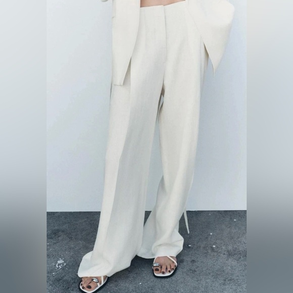 NWT ZARA LINEN BLEND PLEATED PANTS ZW COLLECTION Ecru Size S - Picture 8 of 12